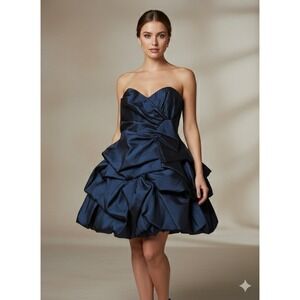 VTG Jessica McClintock Navy Blue Iridescent Strapless Bubble Hem Dress Sz 12 Y2K